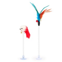 現物卸売メーカー五色吸盤式猫ネズミ吸盤スプリング羽毛猫玩具猫棒ペット用品