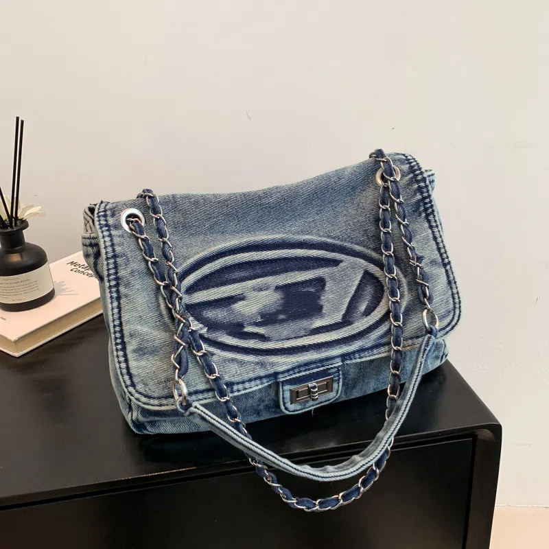 Cross-Border Washed Denim Hobo Bag Chain Jingle Bag Large Capacity Bag Women's Wasteland Style Cross-Body Shoulder Tote Bag Cross-Border Washed Denim Hobo Bag Chain Jingle Bag Large Capacity Bag Women's Wasteland Style Cross-Body Shoulder Tote Bag