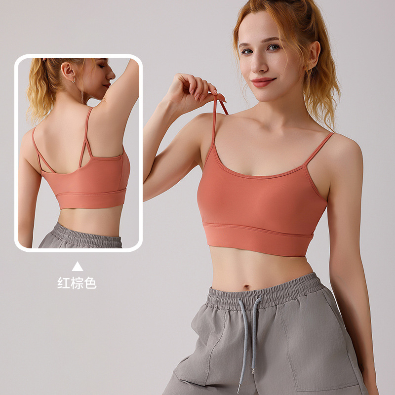 Nueva ropa interior deportiva integrada correa de hombro delgada fija taza antichoque se reúne delgada secado rápido hermoso sostén de yoga de verano