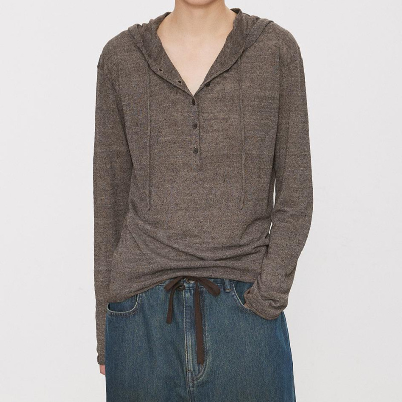 Joc Cool Color-Block Textured Cashmere Henley Hoodie Relaxed Vintage Loose Top for Women