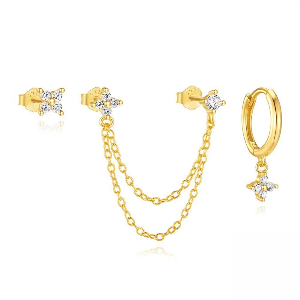 跨境爆款四叶草锆石耳环时尚高级感镶方形锆石链条流苏款耳饰套装