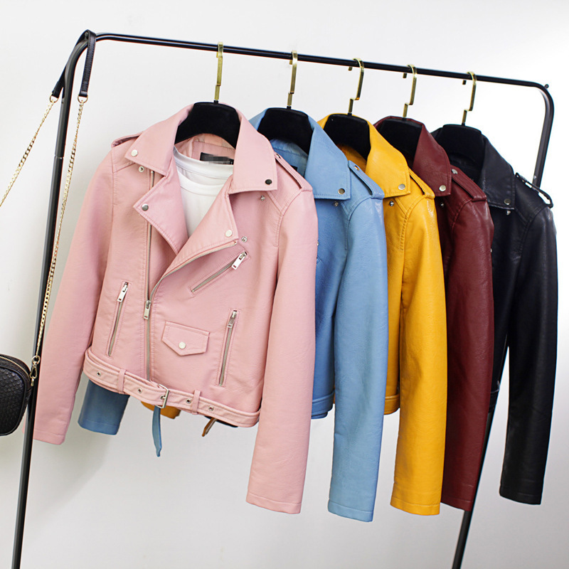 Factory Spring and Autumn New Lapel Long Sleeve Slim Fit Single Row Large Round Buckle Fashion PU Leather Coat Women's Short Factory Spring and Autumn New Lapel Long Sleeve Slim Fit Single Row Large Round Buckle Fashion PU Leather Coat Women's Short