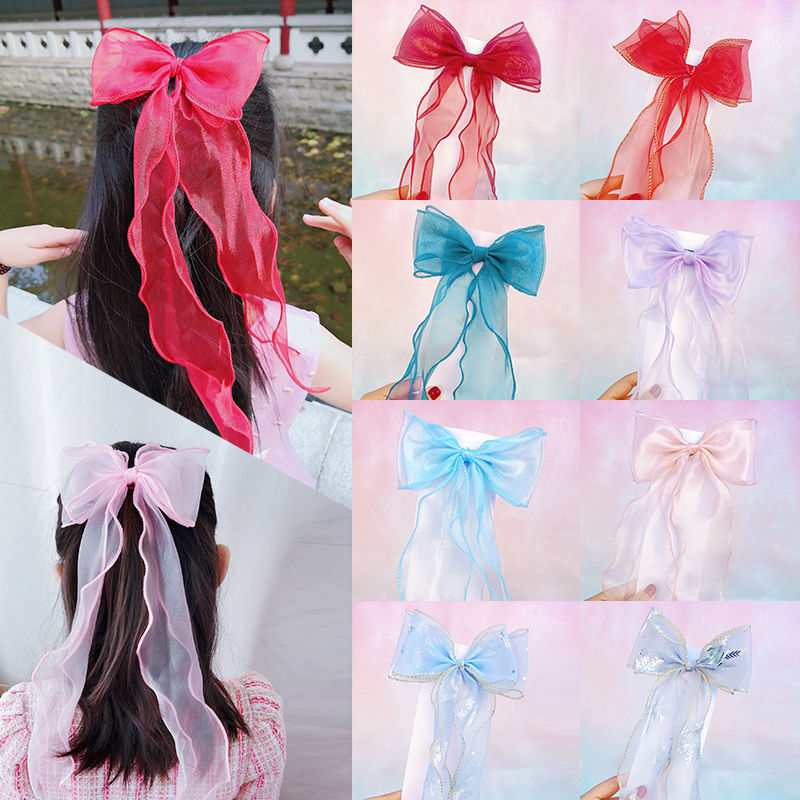 兒童超仙馬尾辮蝴蝶結頭飾網紗後腦勺編發兒童扎頭髮飄帶髮夾髮飾
