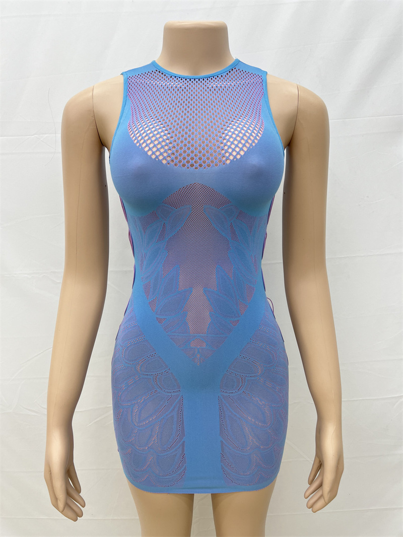 Round Neck Sleeveless Solid Color Slim Fit Sexy See through Package Hip One Knit One Piece Top Dress