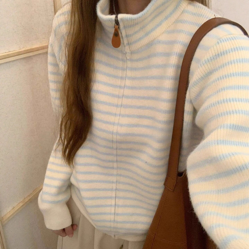 Autumn and Winter Korean Style Zipper Design Stand Collar Inner Sweater Top Blue and White Striped Color-Blocking Knitted Cardigan Jacket for Women