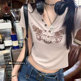 复古印花短袖t恤女夏季美式辣妹v领修身显瘦设计感小众短款上衣服