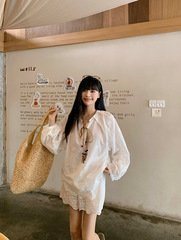フレンチホワイト刺繍長袖ルーズシャツトップ女性の夏のファッションスーツカジュアルワイドレッグショーツツーピースセット