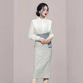 秋款女装2021新款白色衬衫高腰时髦印花包臀半身裙气质韩版两件套