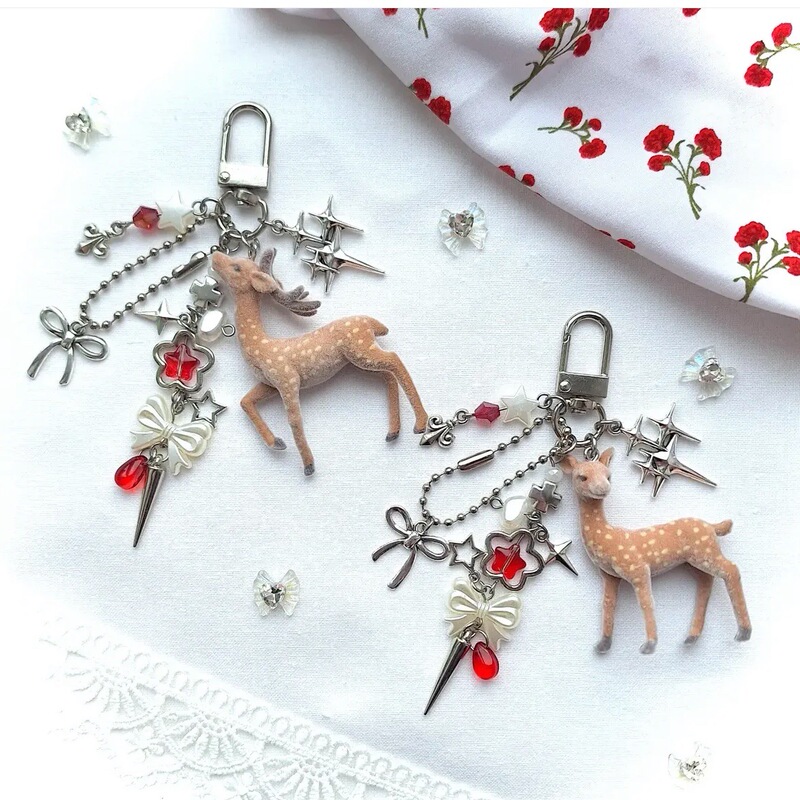 Korean-Style Flocked Deer Pendant ~ Flocked Animal Flower Beaded Keychain, Unique Niche Bag Chain, Wholesale Korean-Style Flocked Deer Pendant ~ Flocked Animal Flower Beaded Keychain, Unique Niche Bag Chain, Wholesale