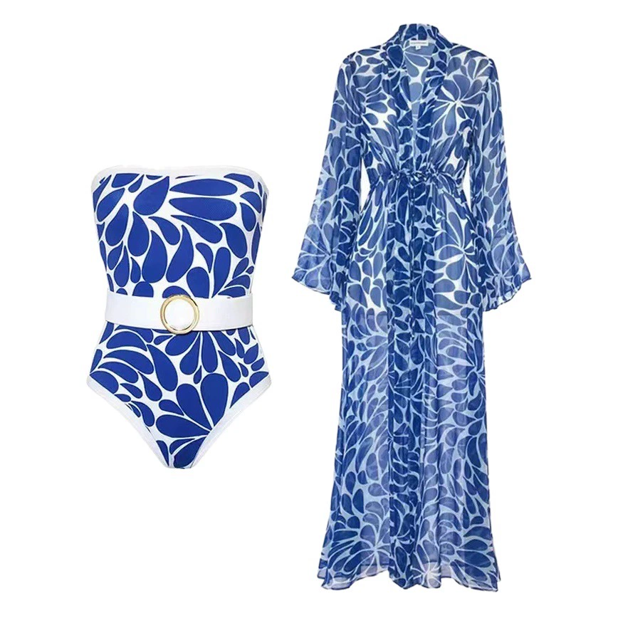 2024 новый трансграничный модный принт цельный купальник женский Amazon с длинными рукавами блузка французский винтажный купальник спа
