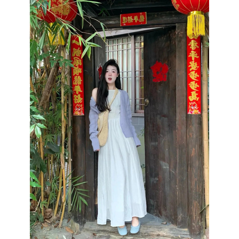 Women's Outfit 2026 Autumn New Gentle Style Sleeveless Vest Dress Slim Fit Long Dress Hollow Knit Cardigan Trendy Women's Outfit 2026 Autumn New Gentle Style Sleeveless Vest Dress Slim Fit Long Dress Hollow Knit Cardigan Trendy