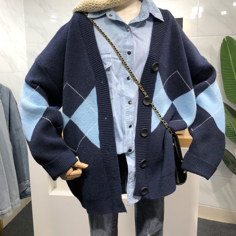 Otoño nuevo estilo británico diamante plaid suéter abrigo de las mujeres sueltas adelgazamiento v-cuello botón medio-longitud de punto cardigan