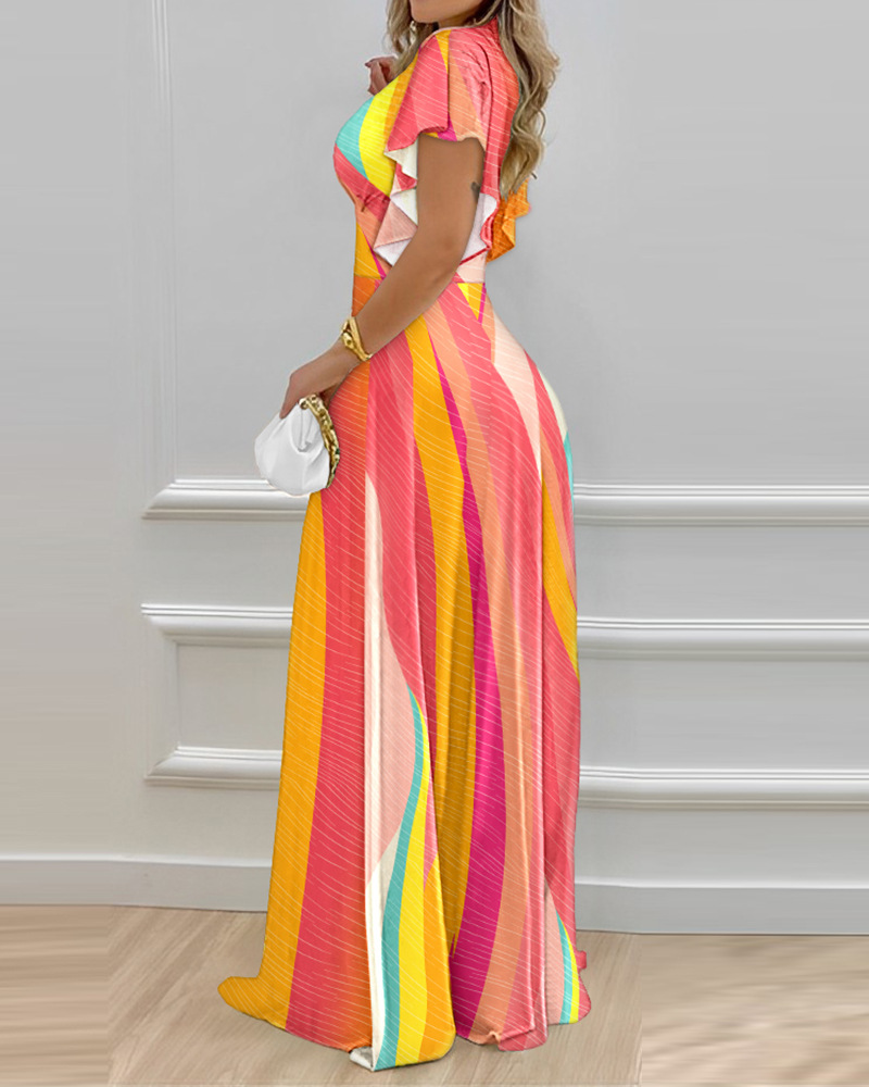 Femmes Robe Trapèze Mode Col En V Impression Manche Courte Coloré Maxi Longue Robe Fête Date display picture 1