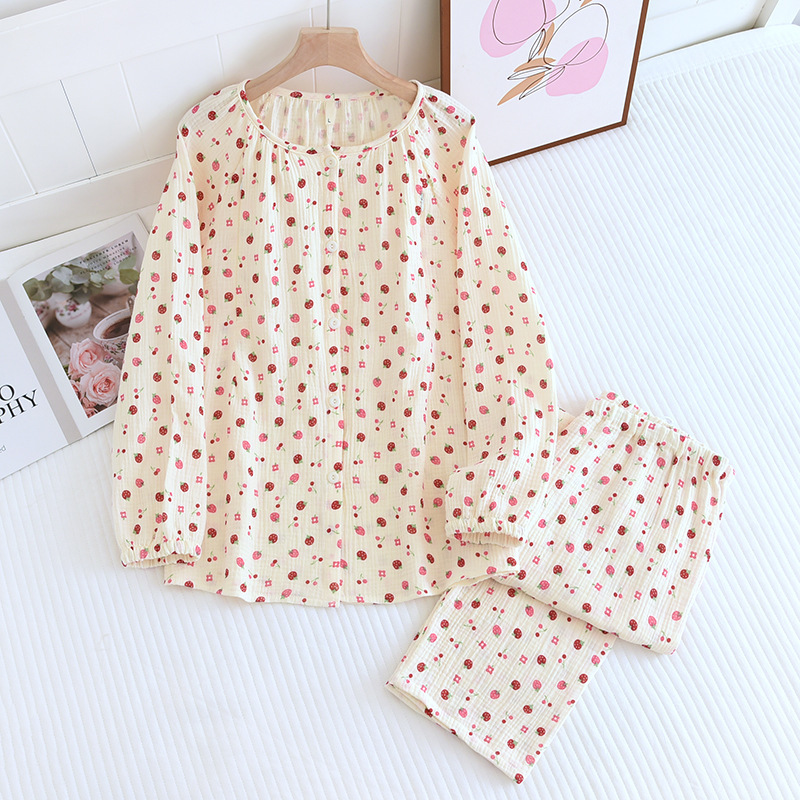 코튼 크레이프 라운드 넥 딸기 감금 의류 세트