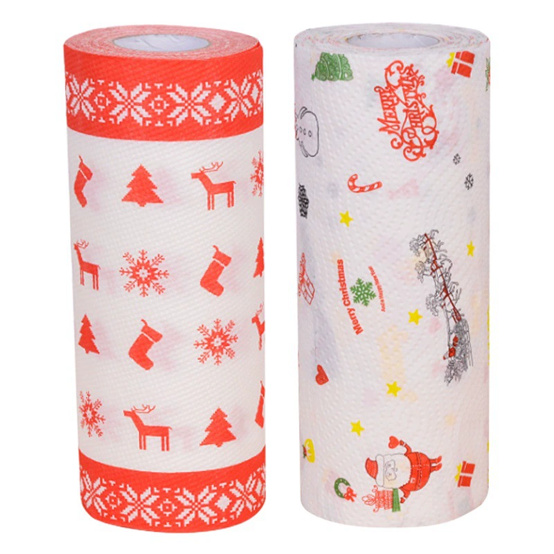 Рождественская кухонная бумага, утолщенная трехслойная рулонная бумага, одноразовая кухонная уборка, влажная и сухая, бытовая утолщенная рулонная бумага