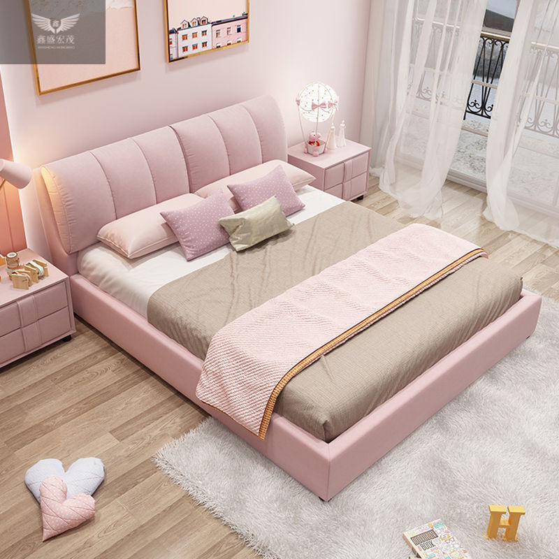 Princesa moderna simple estilo cama principal tela tecnología de almacenamiento cama princesa rosa niñas cama de tela marco de madera maciza