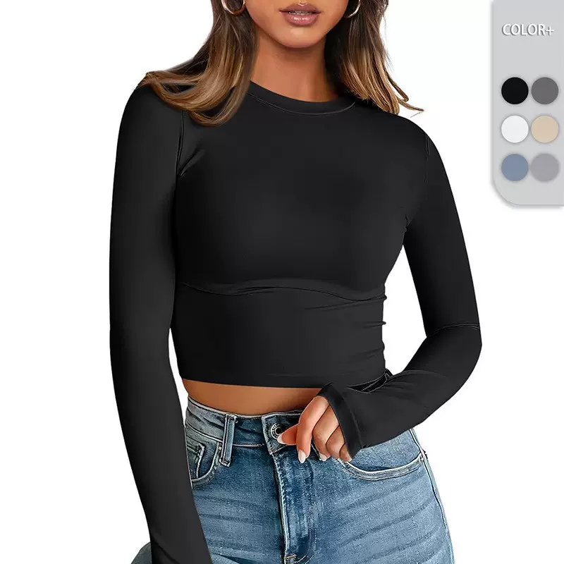 欧美女装Y2K爆款长袖T恤透气锦纶紧身辣妹露脐短款打底衫厂家批发