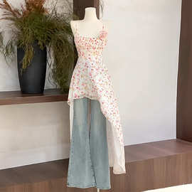 夏季女装2024新款风情万种的裙子灰粉色花苞裙设计感前短后连衣裙