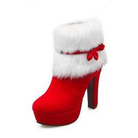 2021圣诞冬季绒面粗跟高跟时装靴毛毛口蝴蝶结侧拉链防水台短靴女