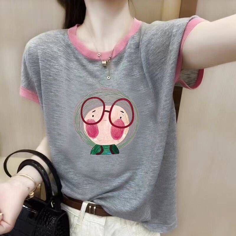竹节棉短袖T恤女夏装2025新款大码宽松显瘦遮肚撞色印花上衣|undefined