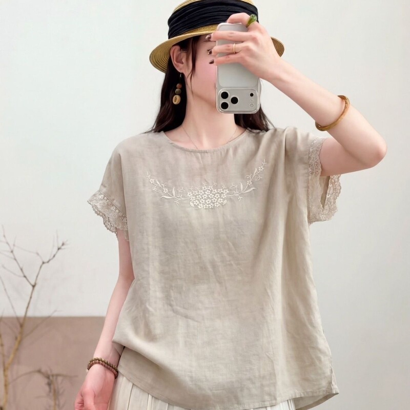 Summer New Cotton and Linen Top with Heavy Lace Embroidery, Breathable Artistic T-Shirt with Short Sleeves