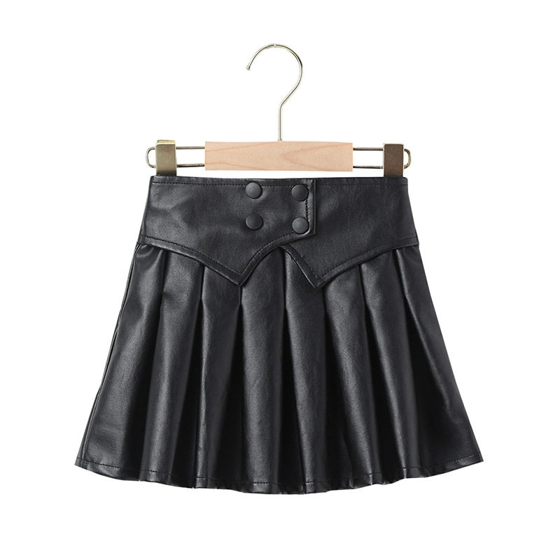 Kinder Mädchen Mode Koreanische Ausgabe Plissee Kinder Solide PU Leder Kurzen Frühling und Herbst Schwarz A-linie Rock_voghion.com