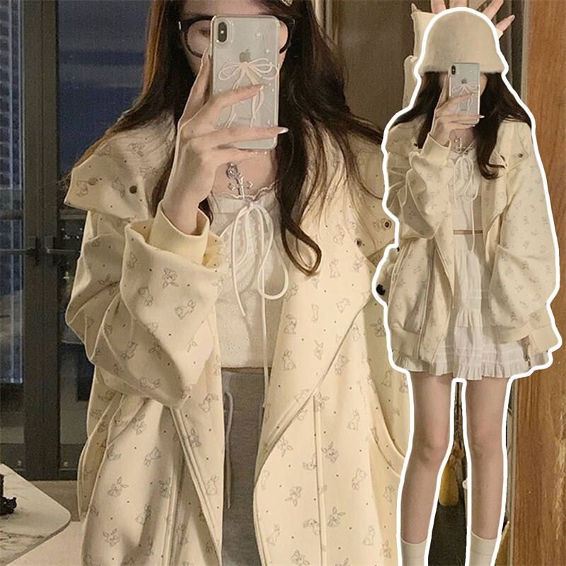 Imitation Cotton Huamian Composite Milk Silk Hooded Sweatshirt Jacket College Style Zipper Cardigan Top Imitation Cotton Huamian Composite Milk Silk Hooded Sweatshirt Jacket College Style Zipper Cardigan Top