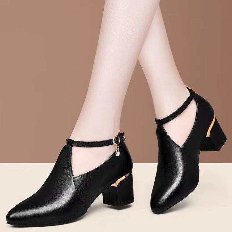 Zapatos de talón grueso y medio para mujeres 2025 primavera nuevos zapatos de cuero de talón alto cómodos con suela suave zapatos de moda para mujeres zapatos de madre