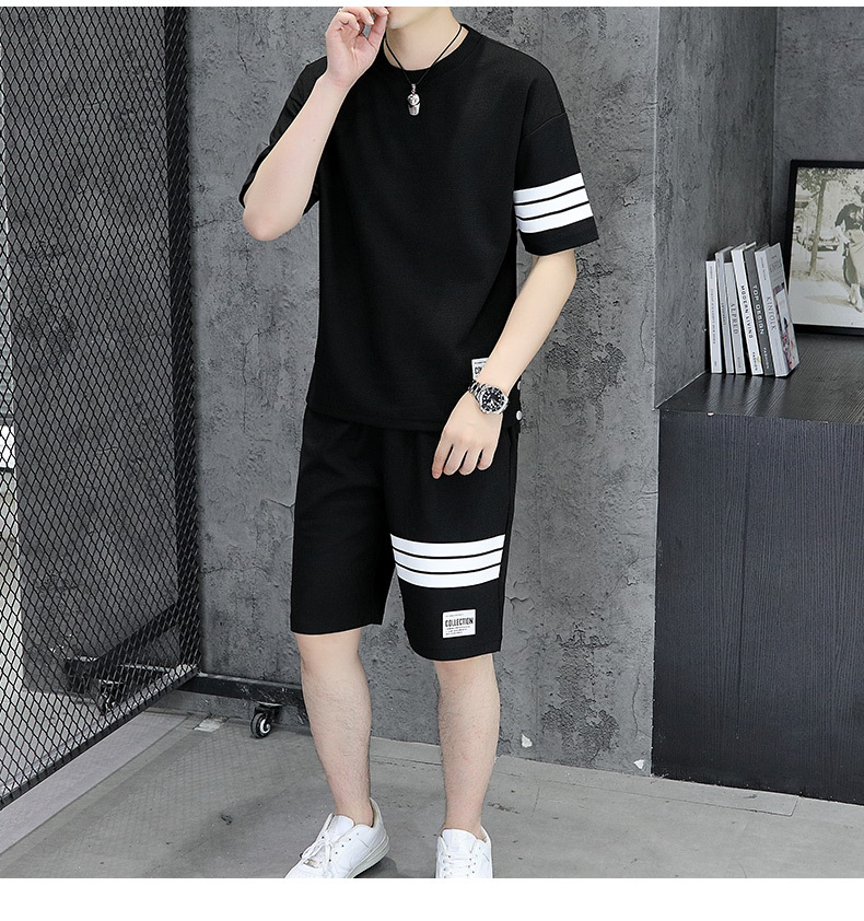 Waffle traje de camiseta de manga corta para hombre 2024 verano de tres barras pantalones cortos casuales de manga corta de dos piezas al por mayor