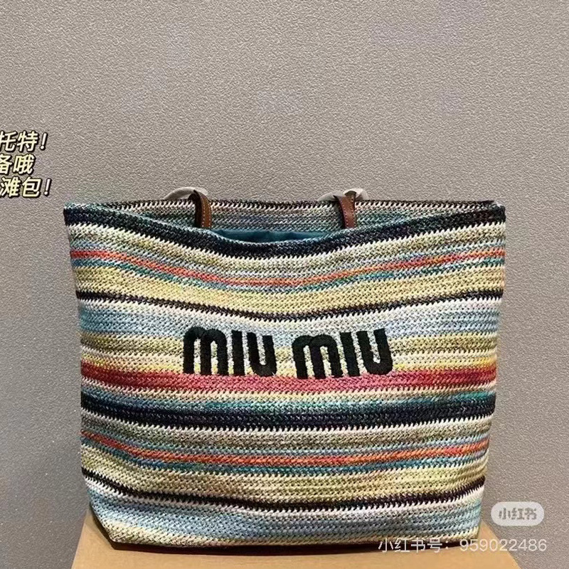 2025Miu New Woven Embroidered Tote Bag Large Capacity Satchel Shopping Bag Single Shoulder Commuter Beach Bag for Women