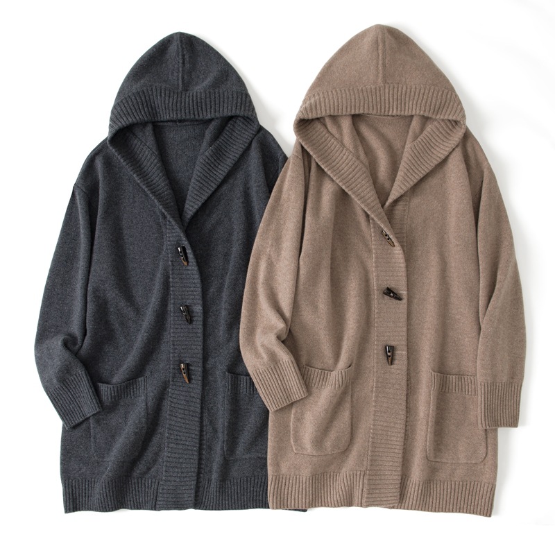 Direct from the source factory: 100% pure cashmere hooded sweater cardigan, women's knitted mid-length outerwear with pockets, cashmere sweater