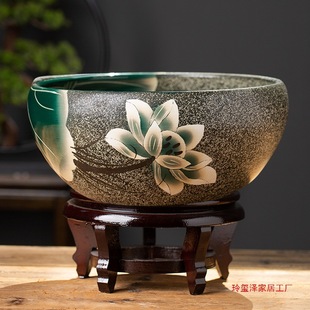 Handmade Ceramic Fish Tank Desktop Living Room Ornaments Bowl Lotus Tank Water Lily Flower Pot Classroom Scientific Hydroponic Container Turtle Tank