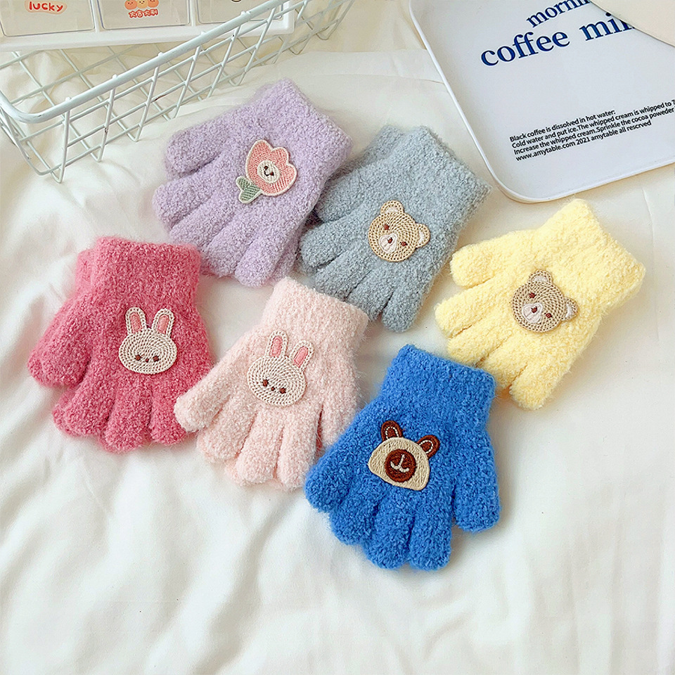 Korean Cartoon Children's Gloves for Autumn and Winter, Cute Baby, Warm Five Finger Plush Solid Color for Children and Infants 1-3