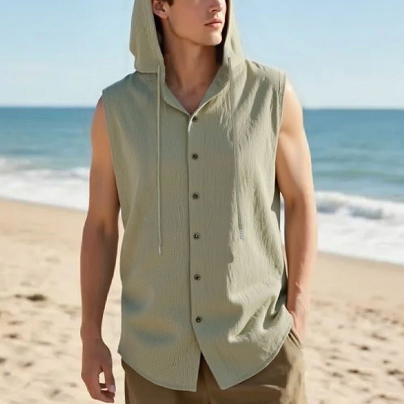 Nuevo transfronterizo Amazon nuevo estilo americano de verano hombre relajado casual lino sólido con capuchón camisa sin mangas