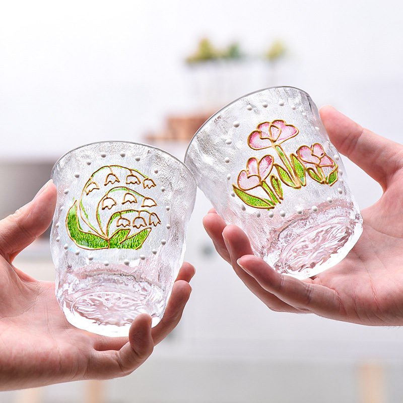 大容量家用玻璃杯加厚森系彩繪冰川杯手工花卉果汁牛奶杯子