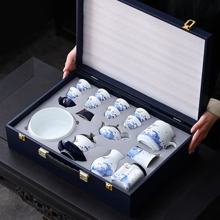 手绘整套装白瓷功夫茶具家用客厅盖碗茶壶乔迁送礼高档礼瓷