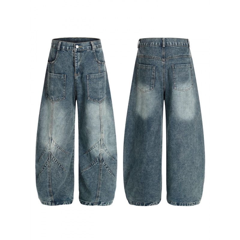 New American Retro Washed Wide-Leg Straight Jeans with 3D Arrow Stitching, Loose Casual Pants for Men and Women