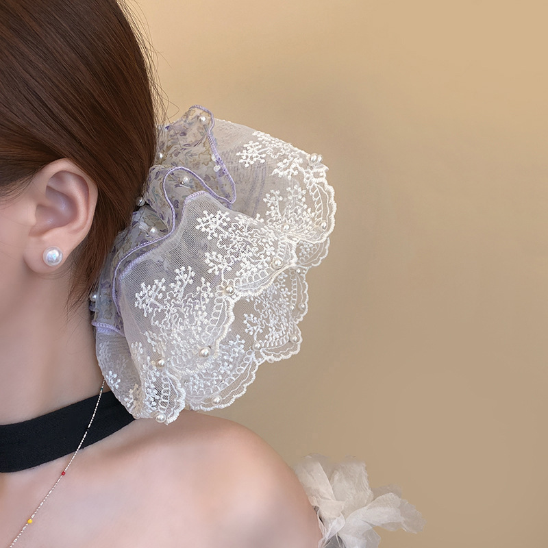 ミストヒヤシンス〜スーパーフェアリーラージふわふわ二層オーガンザイミテーションビーズヘアゴム刺繍ヘッドバンドヘッドアクセサリー|undefined