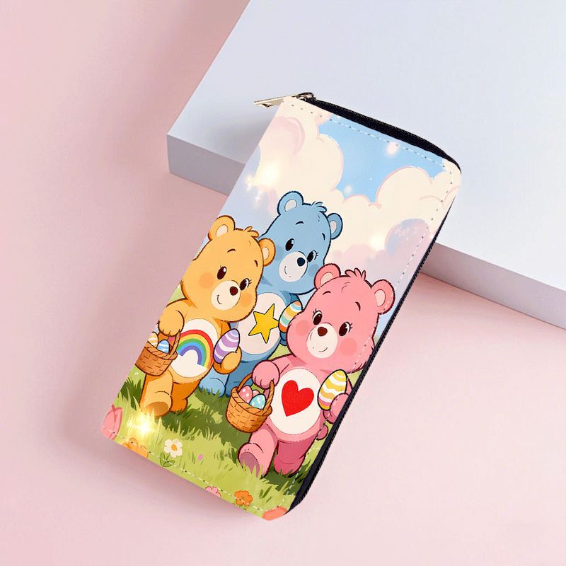 In-stock cartoon rainbow bear PU wallet for women, long zipper bag, single zipper bag, makeup bag, factory in Yiwu