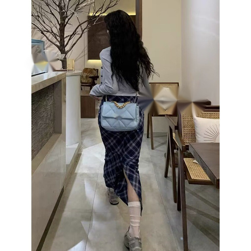 Plus Size Women's Grid Semi-Skirt, Plaid Autumn/Winter Long Skirt Over Knee A-Line Skirt, Stylish Youthful Women's Skirt