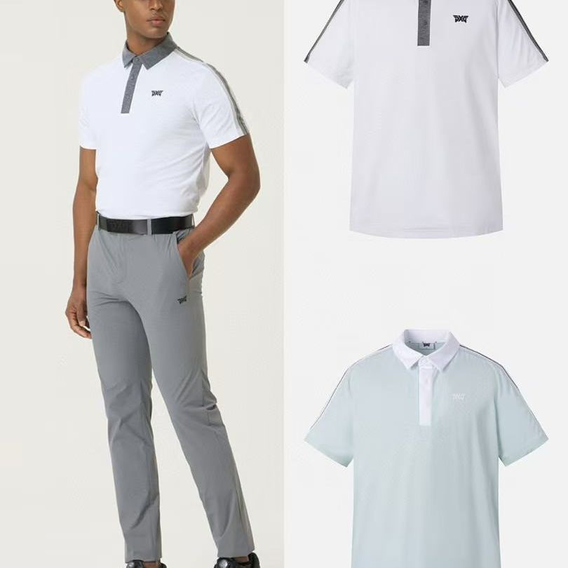 25 Summer New Golf Men's Outdoor Sports Lapel Short Sleeve T-Shirt Stretch Ice Silk Stitching Polo Shirt