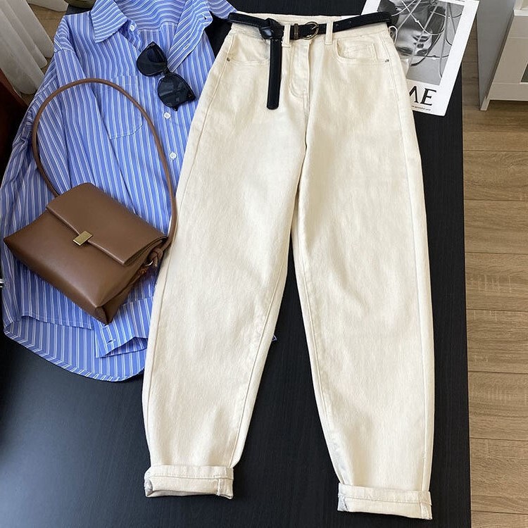 creamy-white Harlan Jeans Women's Loose Straight Autumn 2024 New High Waist Slimming apricot Dad Carrot Pants