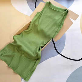 日韩外贸尾货榀牌剪标绿色扭结设计亚麻法式气质优雅无袖连衣裙女