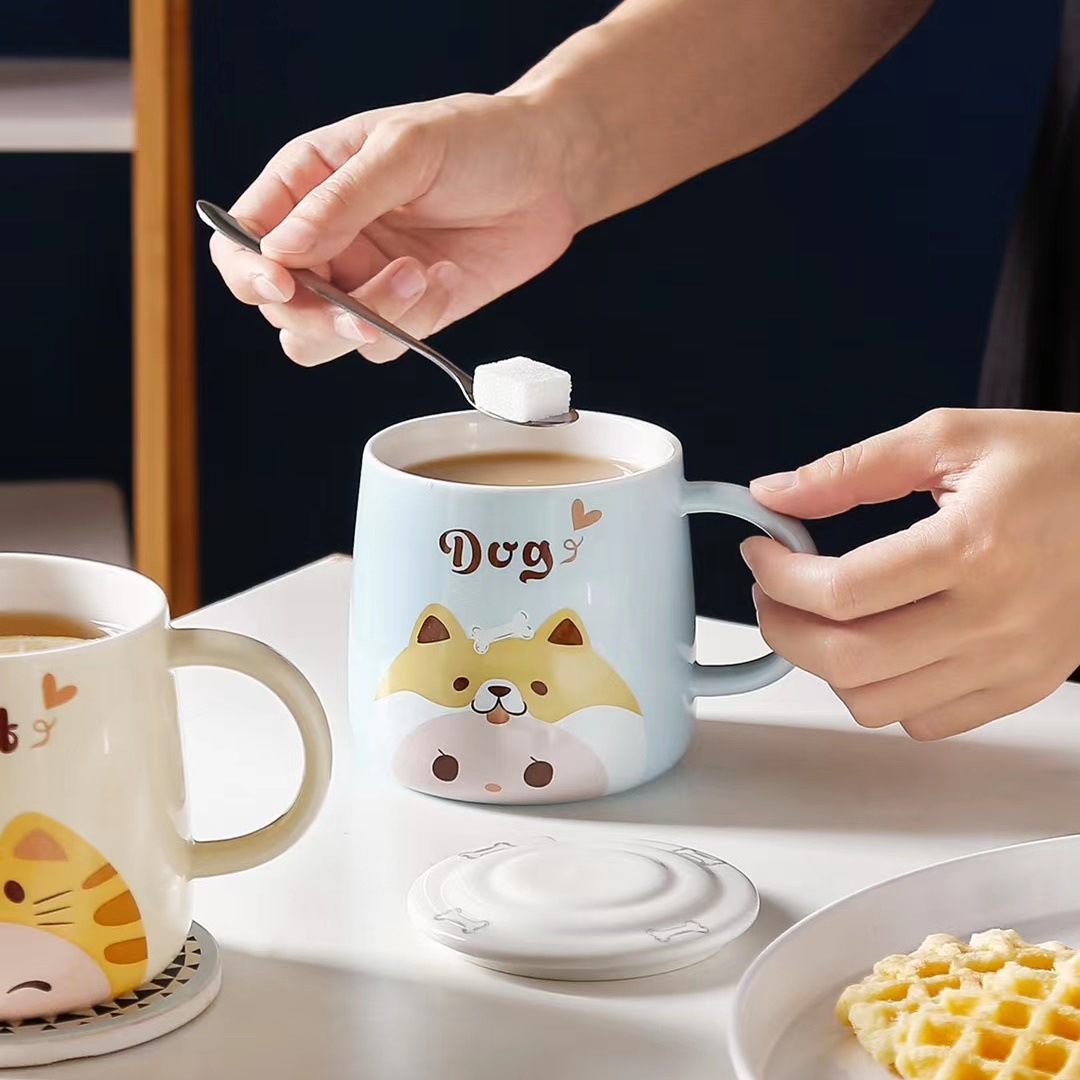 Creativo de dibujos animados animal expresión regalo personalizado taza con tapa cuchara taza de café cerámica Oficina taza de beber