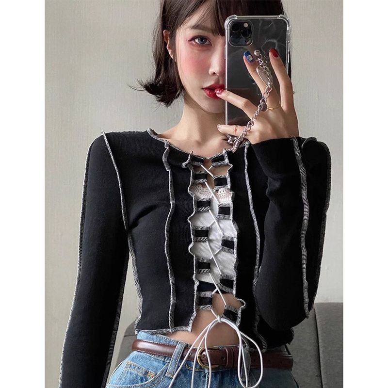 Open Line Lace-up T-shirt Women's Spring New French Style Design Hot Girl Slim-fit Short Navel-exposed Long-sleeved Base Top