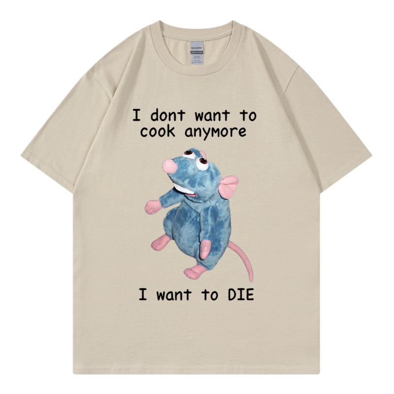 T-shirt en pur coton marque de mode sport nouveaux hommes ample col rond imprimé souris je ne veux pas cuisiner à nouveau T-shirt_voghion.com