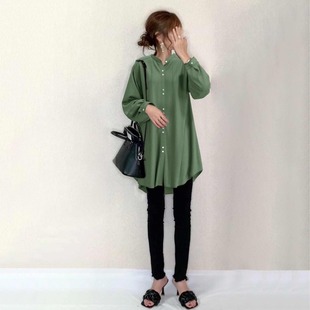 Autumn and winter new solid color cotton linen stand collar contrast button loose long sleeve casual long shirt shirt shirt