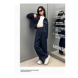 女童秋款港风牛仔套装2025新款中大童超酷牛仔夹克阔腿裤两件套