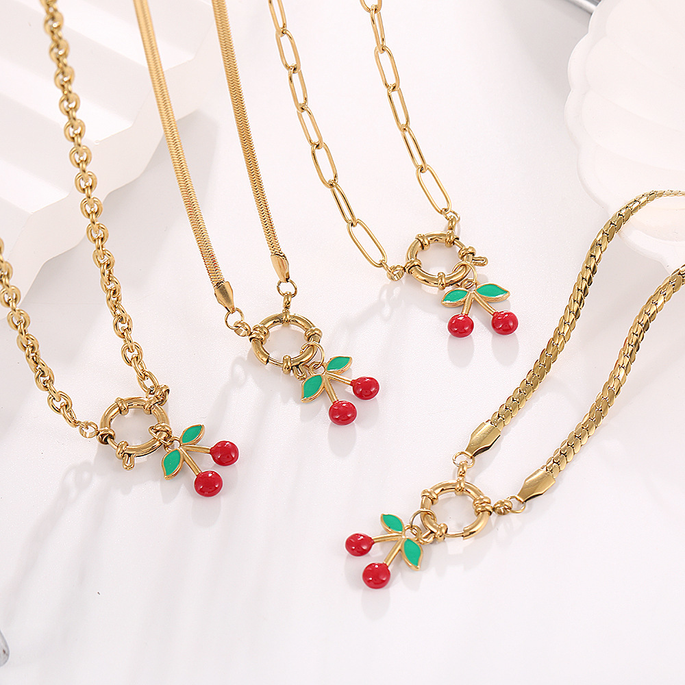Cross-border red cherry electroplated titanium steel necklace for women, featuring a cute and sweet design with a delicate clasp, creating a charming and stylish clavicle chain