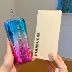 跨境创意双层不锈钢吸管杯现代简约真空保温食品级咖啡喝水杯